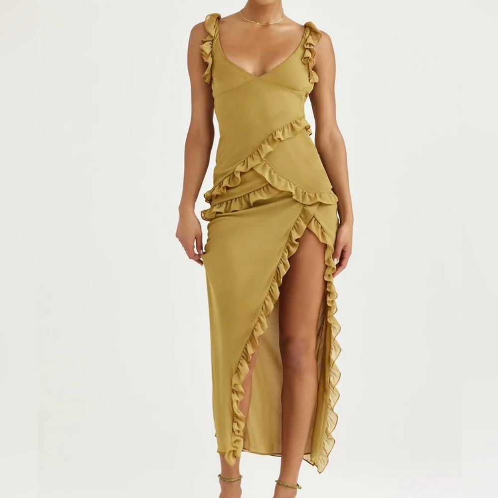 HOUSE OF CB ‘PIXIE’ Olive Ruffle Maxi Dress, Size Small (US 4-6)